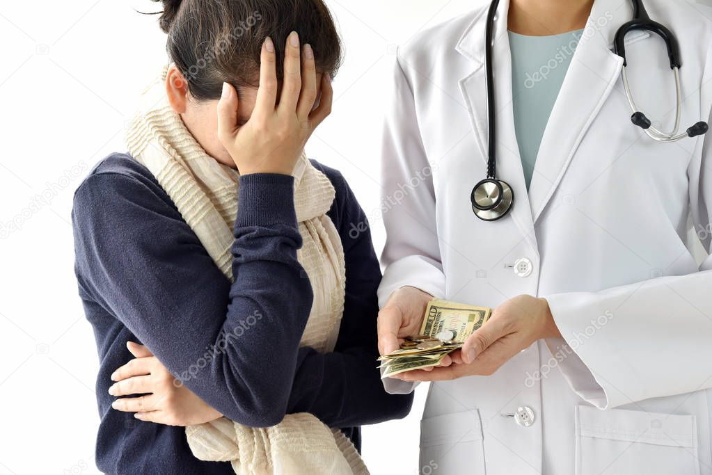 Hospital and medical expenses, Woman patient face-palming worried about medical fee charges for disease treatment, Doctor holding dollar money, Health insurance concept.