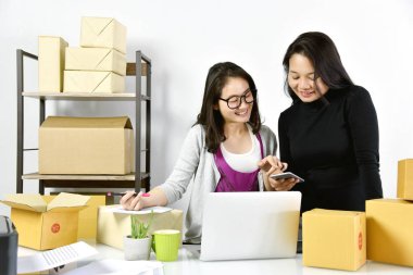 Evde online çalışan işletme sahipleri, Asyalı kadınlar gülümseyerek ve dizüstü bilgisayar, Online alışveriş sipariş ve teslimat hizmetleri işaret.