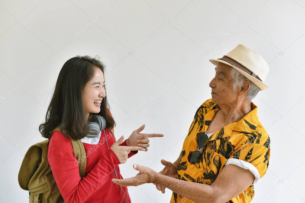 Family getting back together after time apart, Asian daughter say hi and glad to see elder old father, Happy senior retirement.