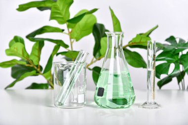 Doğal ilaç araştırmaları, bilimsel cam kaplama bitki çıkarma, alternatif yeşil bitki ilaçları, doğal organik cilt ürünleri, laboratuvar ve geliştirme konsepti..