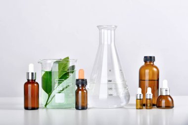 Yeşil bitkisel yapraklı kozmetik şişe kapları ve bilimsel cam kaplar, araştırma ve doğal organik güzellik ürünleri konsepti geliştirme.