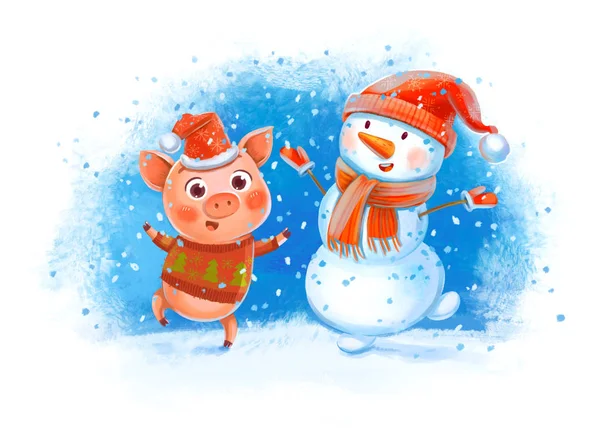 Porco engraçado e boneco de neve — Fotografia de Stock