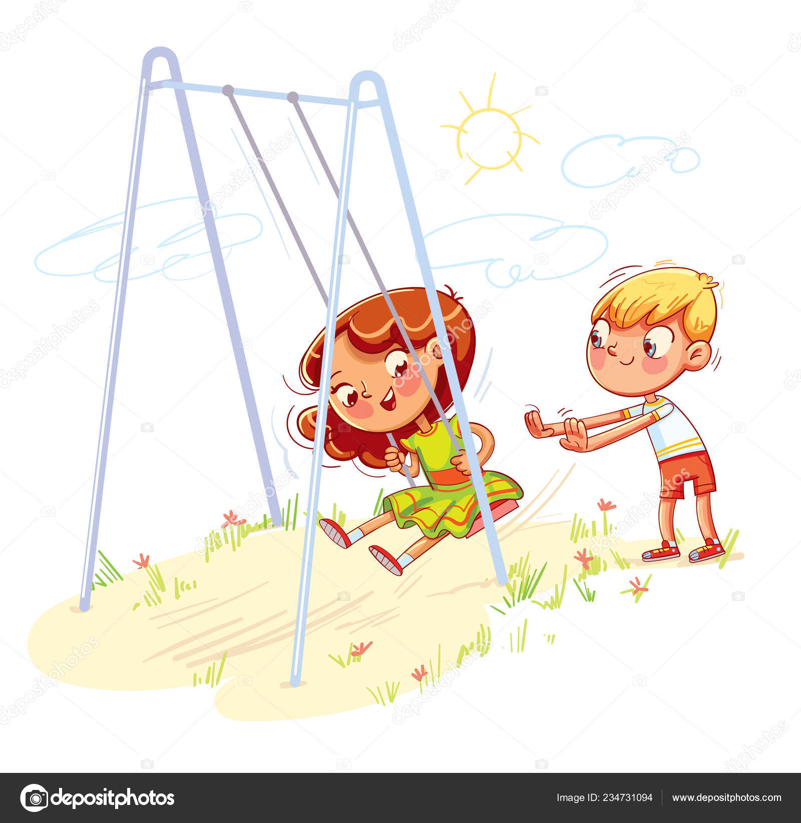 Мальчик Трясет Девочку На Качелях На Детской Площадке Векторное.