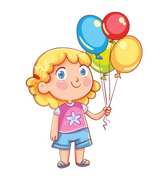 Küçük tatlı kız renkli balonlar tutuyor.