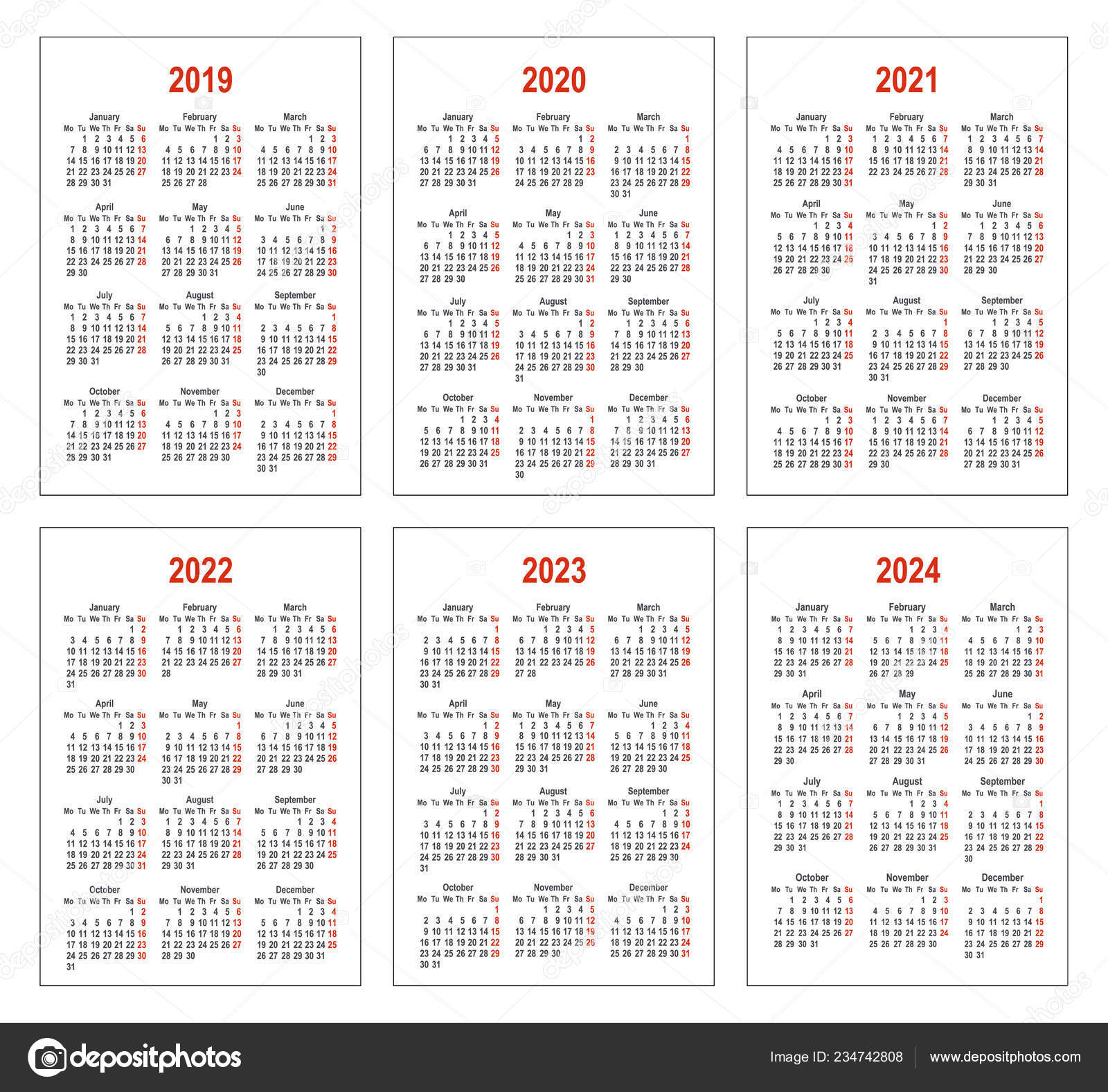 Simple Calendar For 2019, 2020, 2021, 2022, 2023 And 2024 Years Stock Vector Image By ©Kharlamova_Lv #234742808