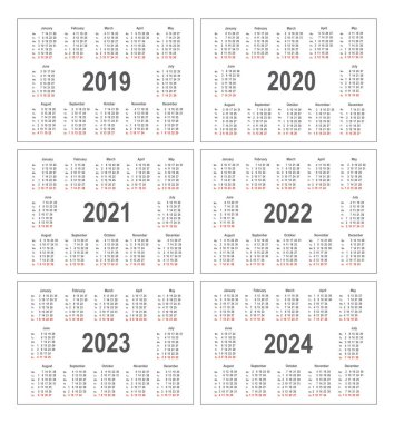 Yıl 2019, 2020, 2021, 2022, 2023 ve 2024 için basit takvim