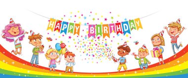 Happy Birthday. Kids celebrating with gift, cake confetti and balloons clipart
