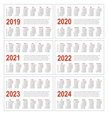 Yıl 2019, 2020, 2021, 2022, 2023 ve 2024 için basit yatay takvim