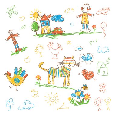 Çocuklar çizilmiş doodle. Ayarlayın. Komik karakter
