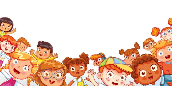 Grupo de niños felices multiculturales saludando a la cámara — Vector de stock