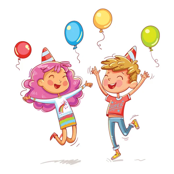 Αγόρι και κορίτσι, jumping διασκέδαση στα γενέθλια παιδικό πάρτι — Διανυσματικό Αρχείο