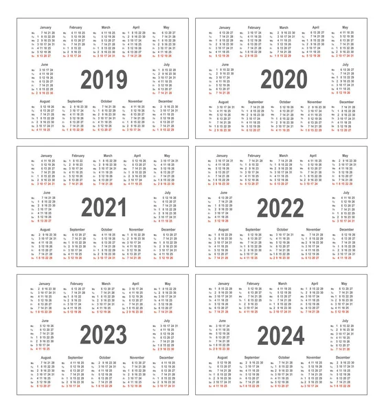 Calendario semplice per 2019, 2020, 2021, 2022, 2023 e 2024 anni — Vettoriale Stock
