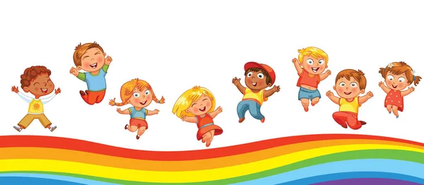 Des enfants sautant sur un arc-en-ciel, comme sur un trampoline — Image vectorielle