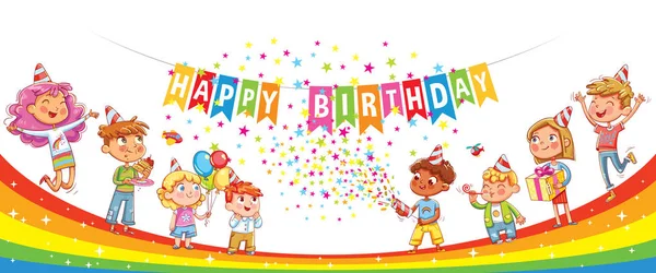 Happy Birthday. Kids celebrating with gift, cake confetti and balloons — Stock Vector