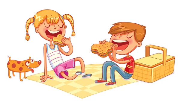 Anak laki-laki dan perempuan dengan anak anjing makan sandwich pada piknik - Stok Vektor
