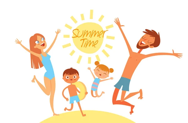 여름 시간입니다. 휴가에 젊은 가족. 바다 해변에서 점프 하는 것을 재미 있다 — 스톡 벡터