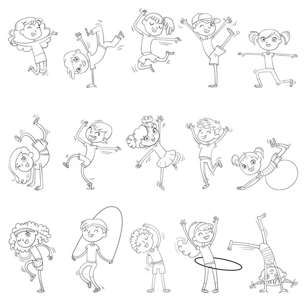 I bambini sono impegnati in diversi tipi di sport. In forma. Ballo di breakdance. Libro da colorare — Vettoriale Stock