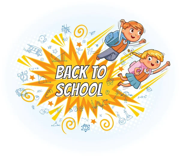 Superhero kids fly to school. Explosion with comic style — Stock Vector