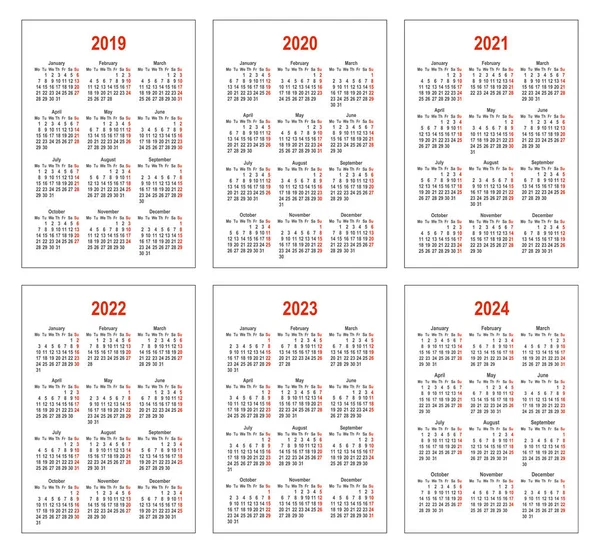 Eenvoudige kalender 2019, 2020, 2021, 2022, 2023 en 2024 jarenlang — Stockvector