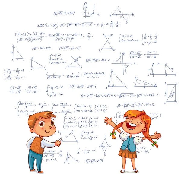 Boy and Girl dibujan formas geométricas en un tablero escolar — Vector de stock