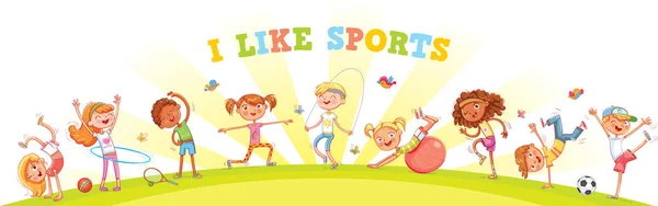 Anak-anak terlibat dalam berbagai jenis olahraga dengan latar belakang alam - Stok Vektor