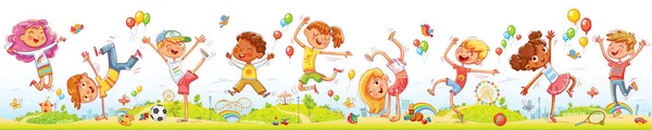 Happy kids jumping and dancing together on the entertainment amusement park — Stock Vector