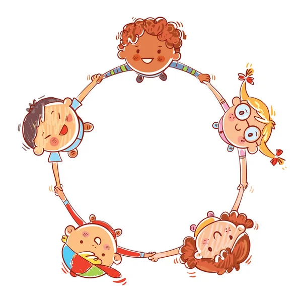 Cinco niños uniendo sus manos para formar un círculo — Vector de stock