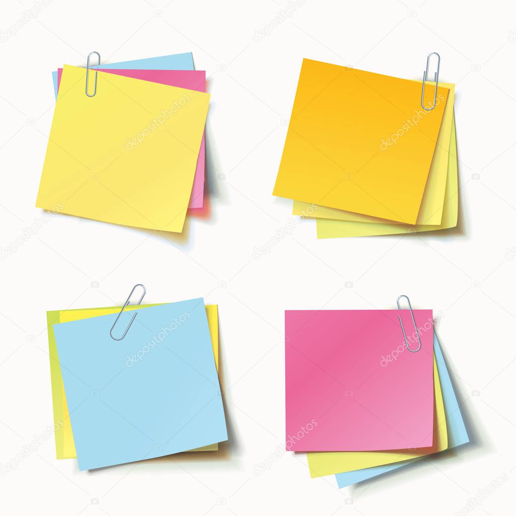 Stack of colored stickers attached metal paper clip with curled corner, ready for your message