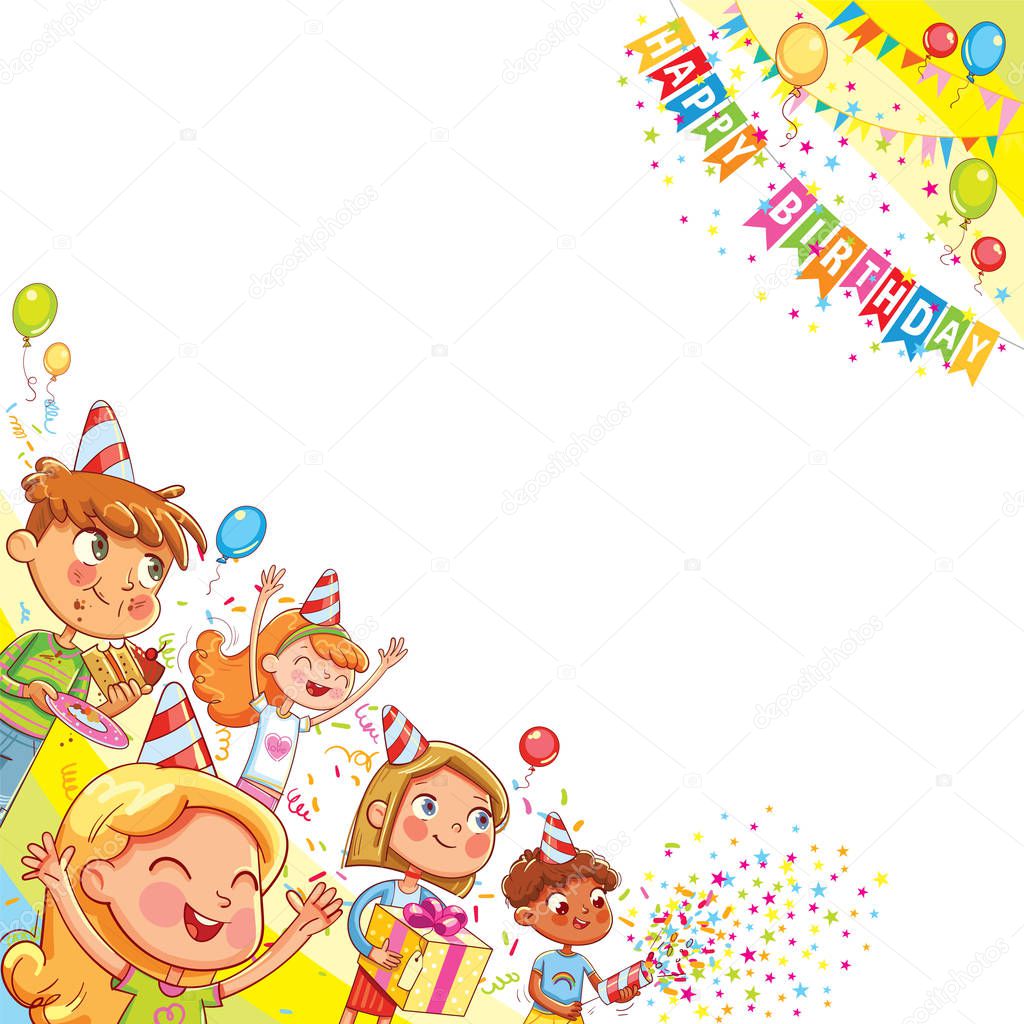 Kids celebrating Birthday with gift and cake in background of confetti falling and balloons