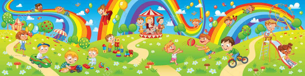 Детская зона. В парке аттракционов. Дети играют на детской площадке Векторная Графика