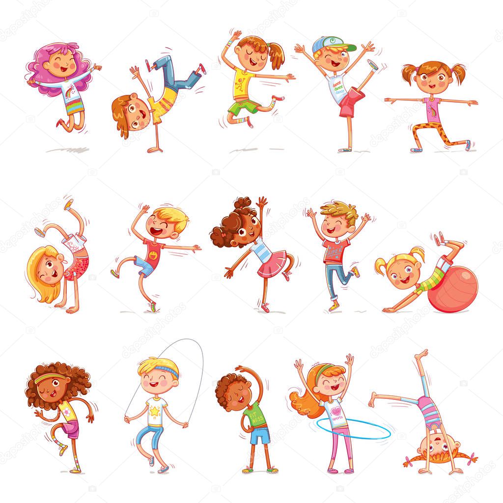 Children are engaged in different kinds of sports. Fitness. Dancing breakdance