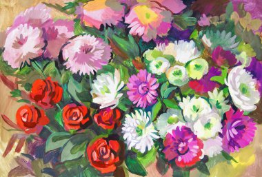 Asterlar. Çiçeklerle dolu bir hayat. Gouache resmi