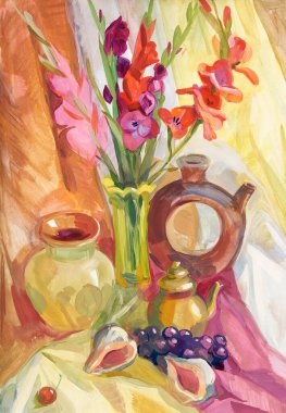 Çiçeklerle dolu bir hayat. Gouache resmi