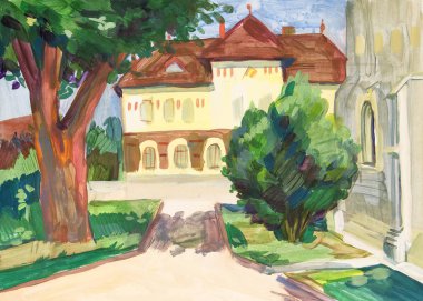 Kağıt üzerinde bıyıkla boyanmış manzara. Etude (skeç) açık havada sahnelendi. Romanya, Piatra Neamt. Kasaba meydanı. Sanat müzesi. Eski merkez