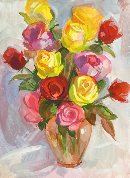 Roses in a transparent jug. Still life with a bouquet of flowers. Gouache painting