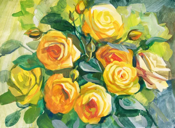 Rozen Stilleven Met Een Boeket Bloemen Gouache Schilderij — Stockfoto