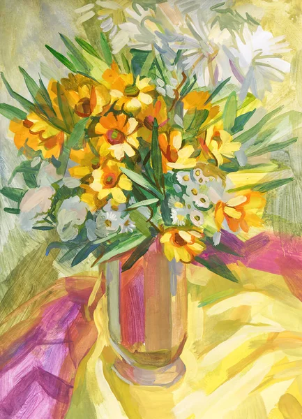 Stilleven Met Een Boeket Bloemen Gouache Schilderij — Stockfoto