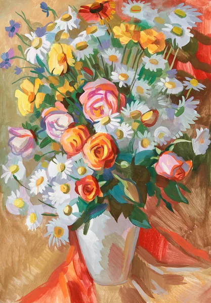 Still Life Bouquet Flowers Gouache Painting — Stock Photo, Image