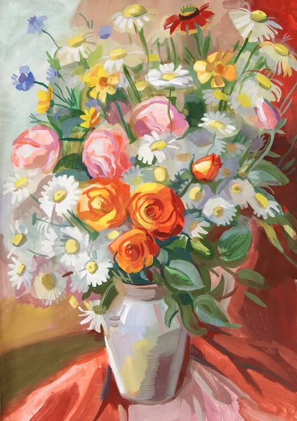 Csendélet Egy Csokor Virággal Gouache Festmény — Stock Fotó