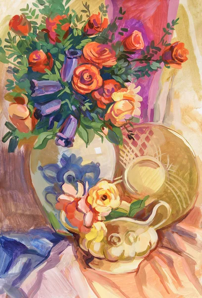 Still Life Bouquet Flowers Gouache Painting — Stock Photo, Image