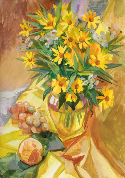 Still Life Bouquet Flowers Gouache Painting — Stock Photo, Image