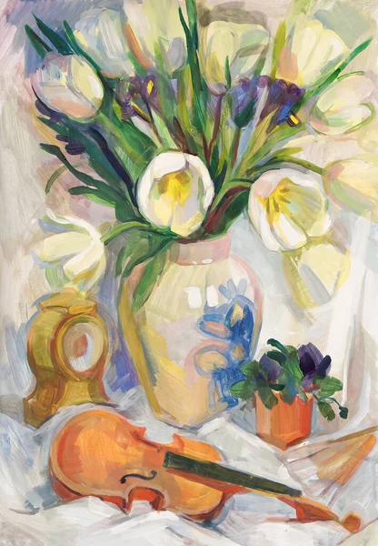 Stillleben Mit Weißen Tulpen Einer Vase Mit Geige Gouachemalerei — Stockfoto