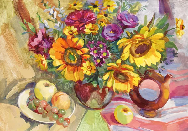 Still Life Ukrainian Style Fruits Sunflowers Gouache Painting — Stock Photo, Image