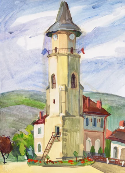 在纸上画了一幅水彩画的风景 在露天表演的曲子 罗马尼亚 Piatra Neamt 中世纪城镇广场上的斯蒂芬塔 城市象征 — 图库照片