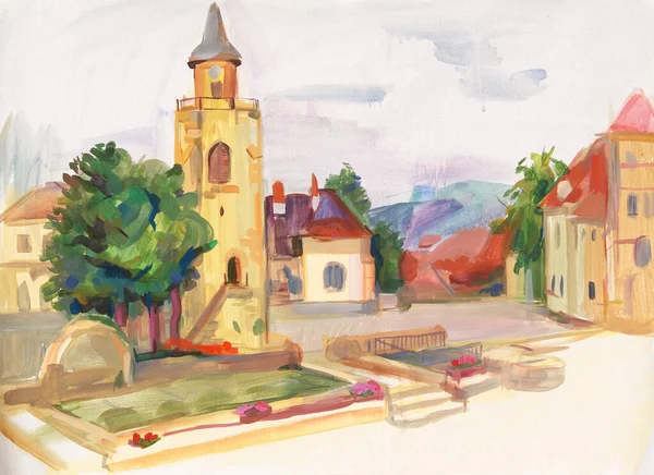 Paisaje Pintado Con Gouache Sobre Papel Etude Sketch Realizado Aire —  Fotos de Stock