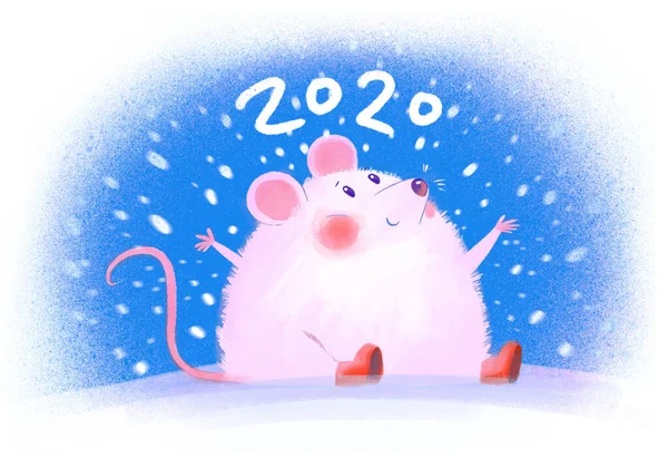 Souris Blanche Moelleuse Dans Neige Horoscope Chinois Mignon Symbole Nouvel — Photo