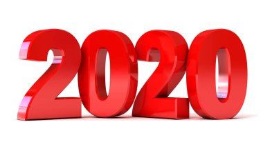 Kırmızı yeni yıl 2020. Kavramsal çizim. Beyaz arka planda izole edilmiş. 3d hazırlayıcı