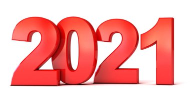 Kırmızı yeni yıl 2021. Kavramsal çizim. Beyaz arka planda izole edilmiş. 3d hazırlayıcı