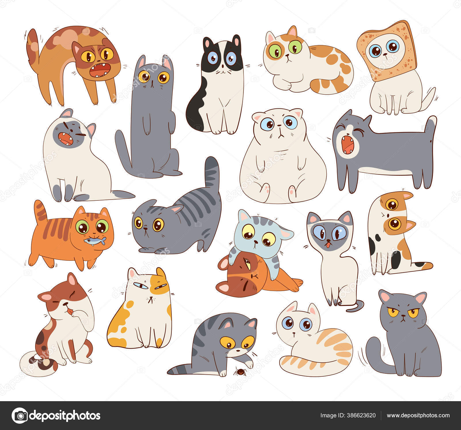 Diferentes raças de gatos, bonito animal de estimação, diferentes gatos em  estilo simples de desenho animado.