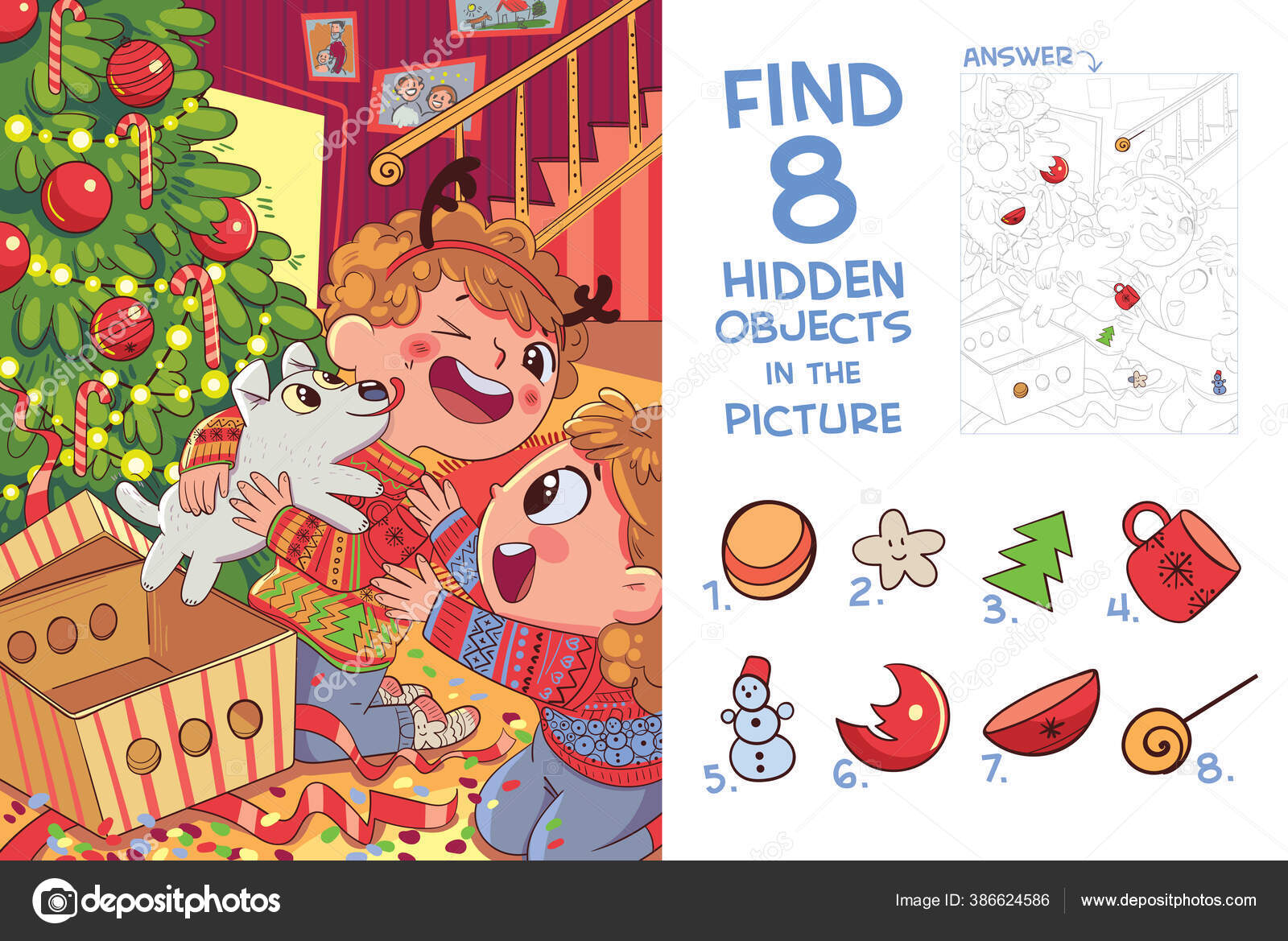 Children Presented Puppy Christmas Find Hidden Objects Picture Puzzle